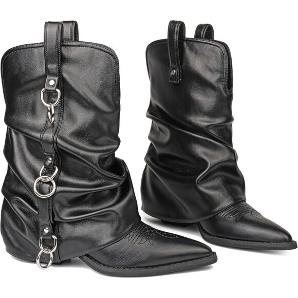 Women's Black Leather Vintage Retro Mid Calf Chunky Heels Western Cowgirl Boots - Picture 6 of 8